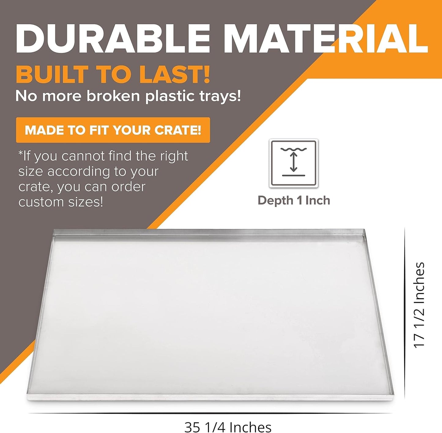 35.25" x 17.5" Metal Replacement Dog Crate Pan Chew Proof Crack Proof Pet Kennel Tray Central Dog Training Crate Pan Pet Supplies, Stainless Steel, 1" H