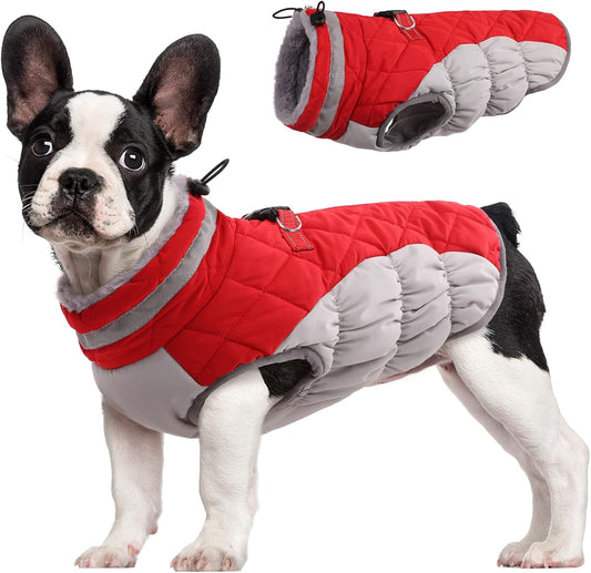 FUAMEY Dog Coat for Small Dogs,Waterproof Dog Winter Jacket with Harness Built in Puppy Cold Weather Coats Reflective Pet Vest with Zipper Warm Fleece Dogs Snowsuit Windproof Red S