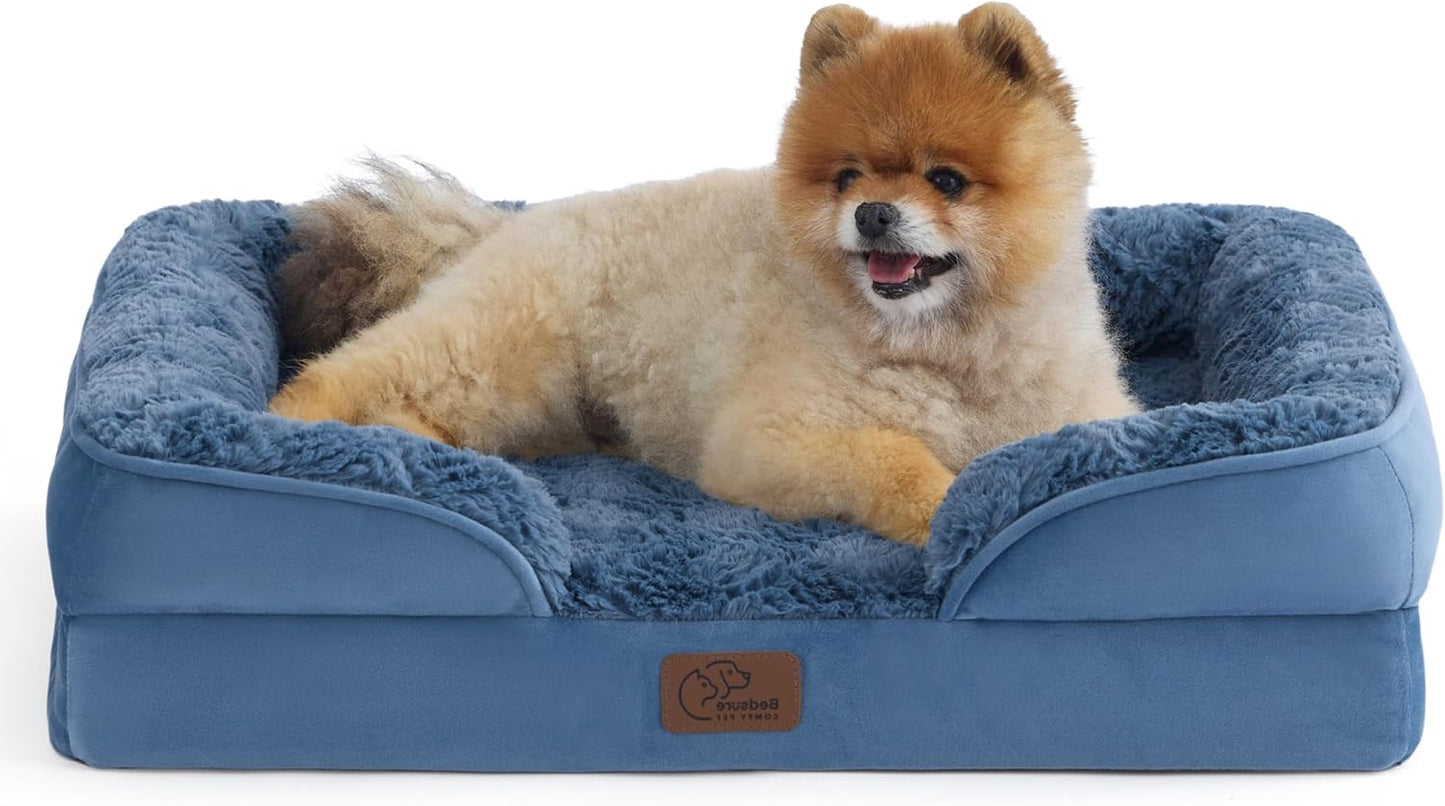 Bedsure Orthopedic Dog Beds for Small Dogs - Washable Small Dog Cat Bed Waterproof, Comfort Pet Couch Sofa with Washable Removable Cover, Pets Bed with Nonskid Bottom, Plush-Blue, 24"
