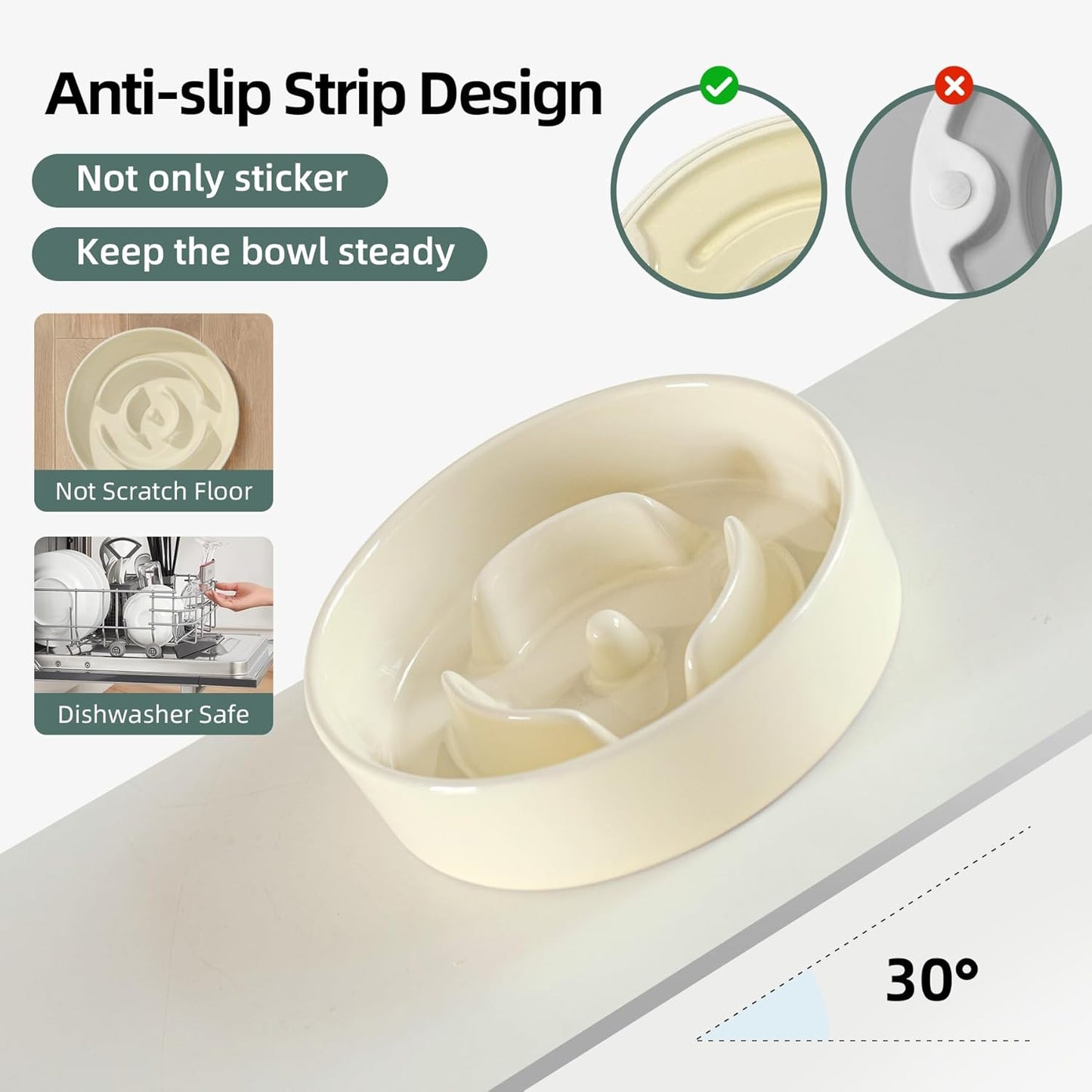 6.1inch Ceramic Raised Dog Slow Feeder Set, Elevated Bowl with Wooden Stand for Small Dog and Cat, Puzzle Slow Dog Food Dish, Anti-Gulping(Beige, Single Bowl+ Stand)