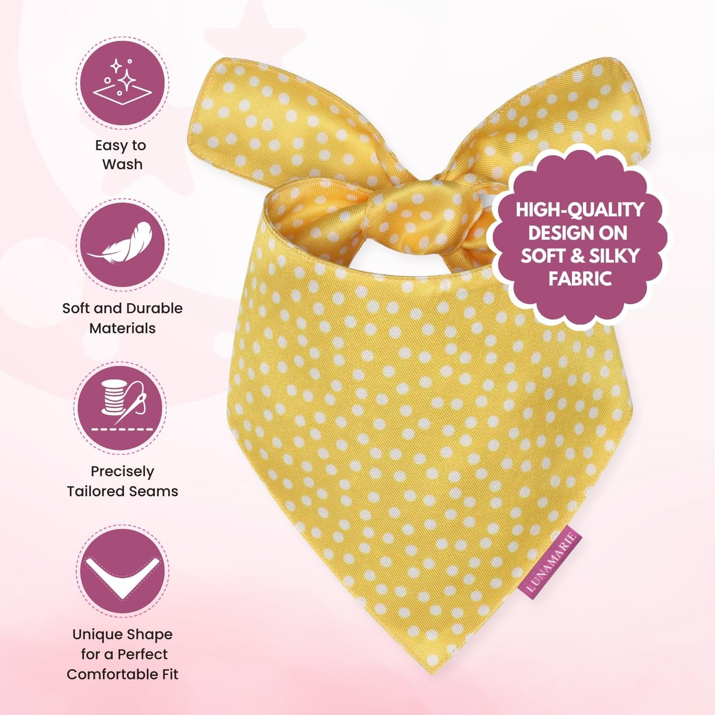 LunaMarie - Luxury Dog Bandanas - Bright Polka Dot Pet Bandana | Premium & Silky Fabric | 100% Handmade Quality | Custom Shape Dual Layered Reversible Small, Medium, Large Cat Scarf (Sophie, Large)