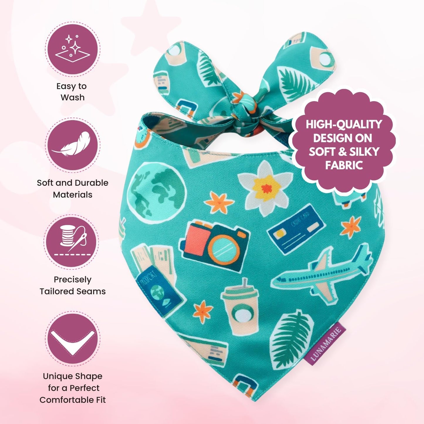 LunaMarie - Luxury Pet Birthday Bandanas -Premium & Silky Poly Fabric | 100% Handmade | Custom Shape Dual Layered (Pawsport Club, X-Small)