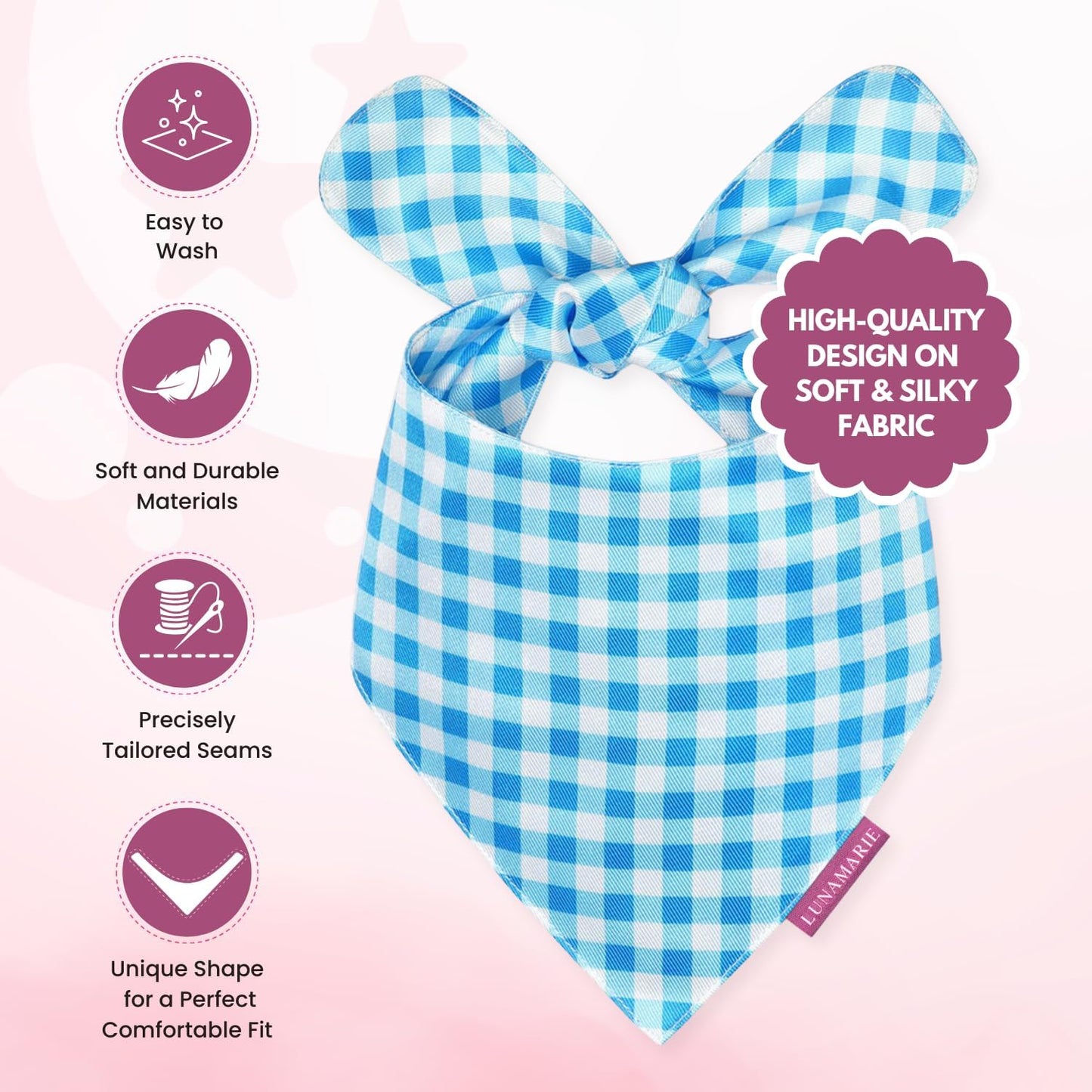 LunaMarie - Luxury Pet Birthday Bandanas -Premium & Silky Poly Fabric | 100% Handmade | Custom Shape Dual Layered (Blue Checkers, X-Small)