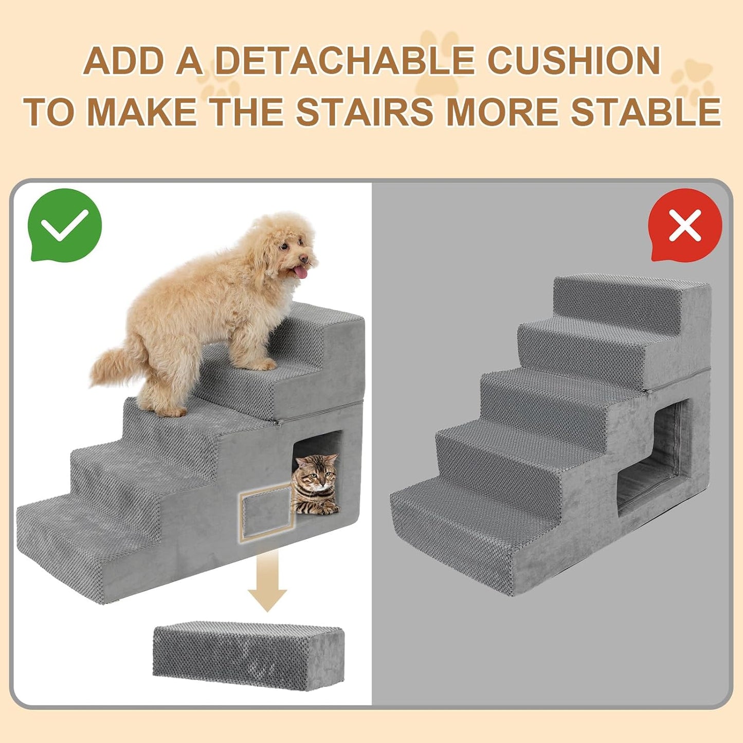 Dog Stairs for Small Dogs 23” H, 5-Step Dog Steps for High Bed, High-Density Foam Pet Stairs with Non-Slip Removable Washable Cover to Get on Bed
