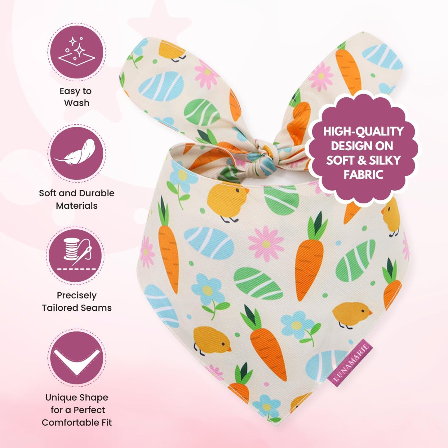 LunaMarie - Luxury Pet Birthday Bandanas -Premium & Silky Poly Fabric | 100% Handmade | Custom Shape Dual Layered (Easter Garden, Medium)