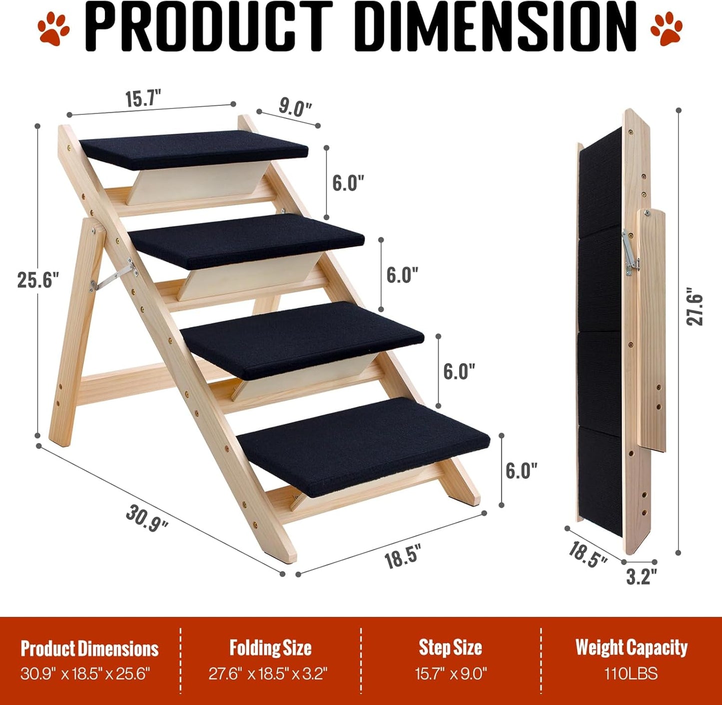 Wood Dog Stairs/Pet Steps, 2-in-1 Foldable Wooden Pet Ramp with Non-Slip Pet Stairs for Small to Medium for Bed,Sofa, Couch, Car, Indoor Pet Dog Cat 4 Steps Stairs Ladder Up to 110 Pounds