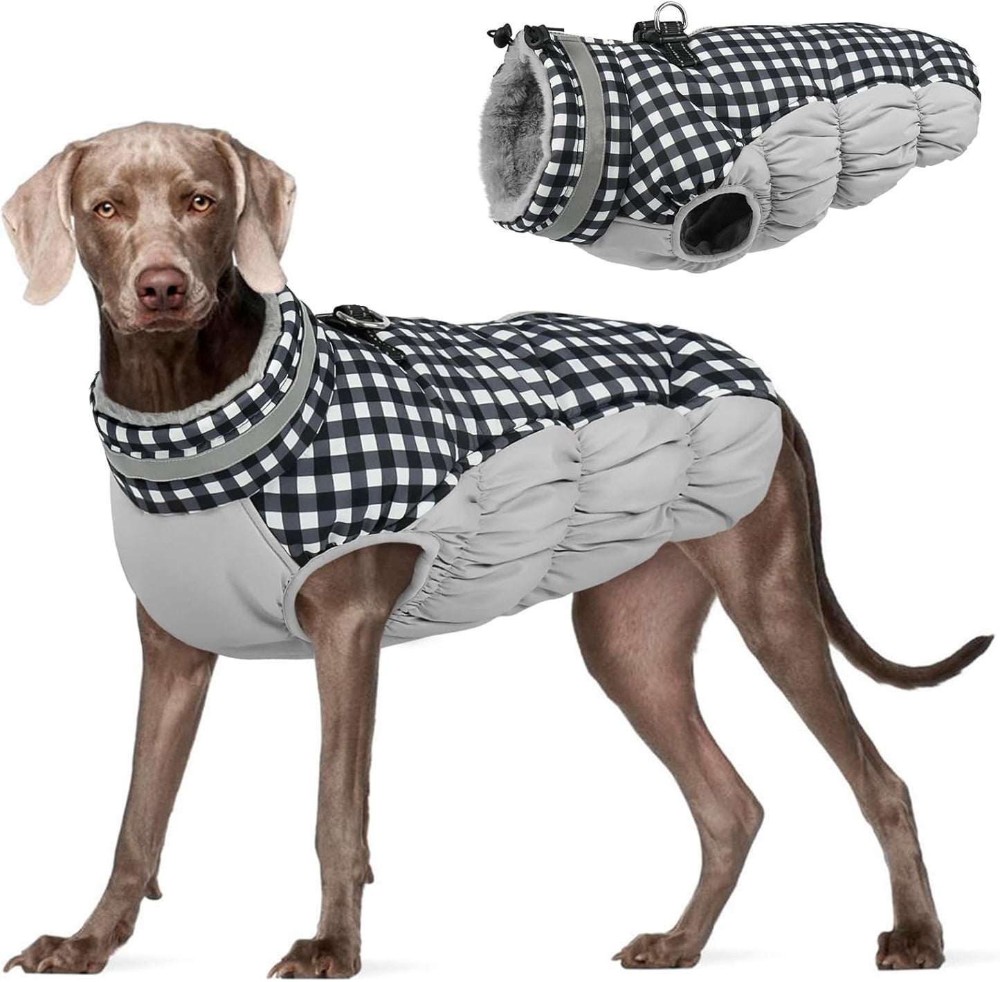 FUAMEY Dog Coat for Large Dogs,Waterproof Dog Winter Jacket with Harness Built in Puppy Cold Weather Coats Reflective Pet Vest with Zipper Warm Fleece Dogs Snowsuit Windproof Checkerboard 2XL