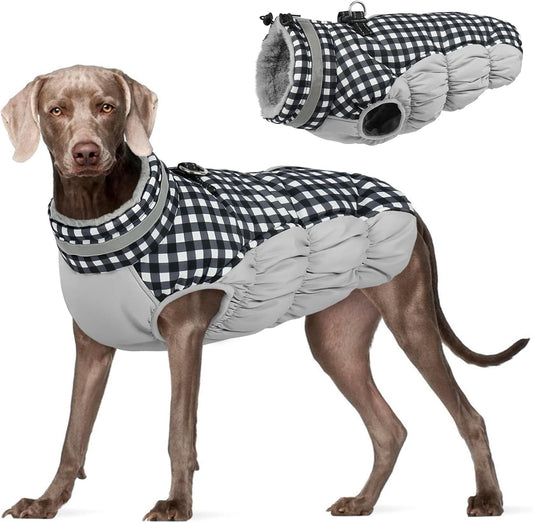 FUAMEY Dog Coat for Large Dogs,Waterproof Dog Winter Jacket with Harness Built in Puppy Cold Weather Coats Reflective Pet Vest with Zipper Warm Fleece Dogs Snowsuit Windproof Checkerboard 2XL