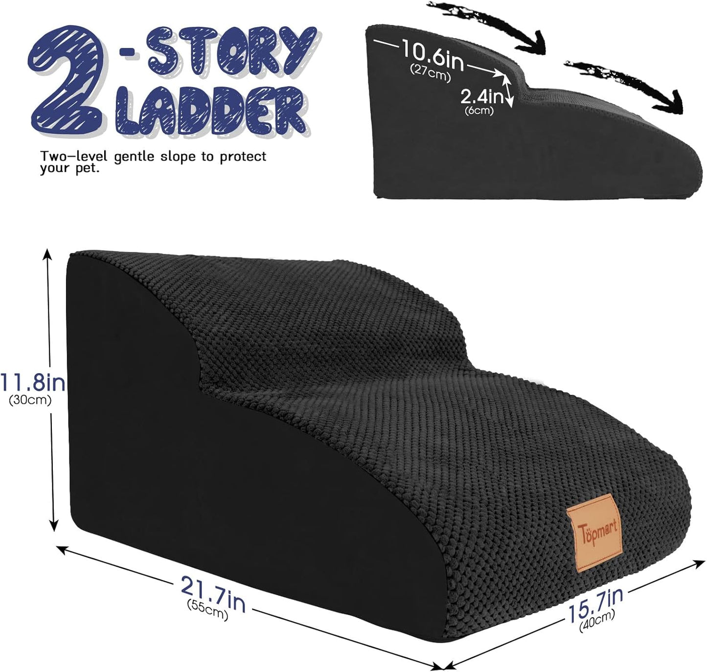 Topmart High Density Extended Foam Dog Ramp&Steps 2 Tiers,11.8" High,Non-Slip Dog Stairs,Soft Foam Pet Ladder with Waterproof Cover,Best for Injured,Older Cats,Pets with Joint Pain