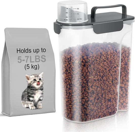 5-7Lbs Cat Dog Storage Container, Portable Pet Food Containers with Upgraded Large Spout and Cup, Small Animal Kibble Dispenser for Bird Seed, Oatmeal, Rice, Flour (1, Dark Gray, 5L)