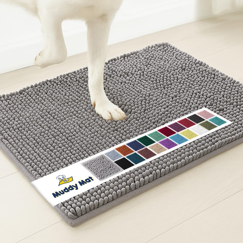 Muddy Mat® AS-SEEN-ON-TV Highly Absorbent Microfiber Door Mat and Pet Rug, Non Slip Thick Washable Area and Bath Mat Soft Chenille for Kitchen Bathroom Bedroom Indoor and Outdoor - Grey 3ft x 8ft