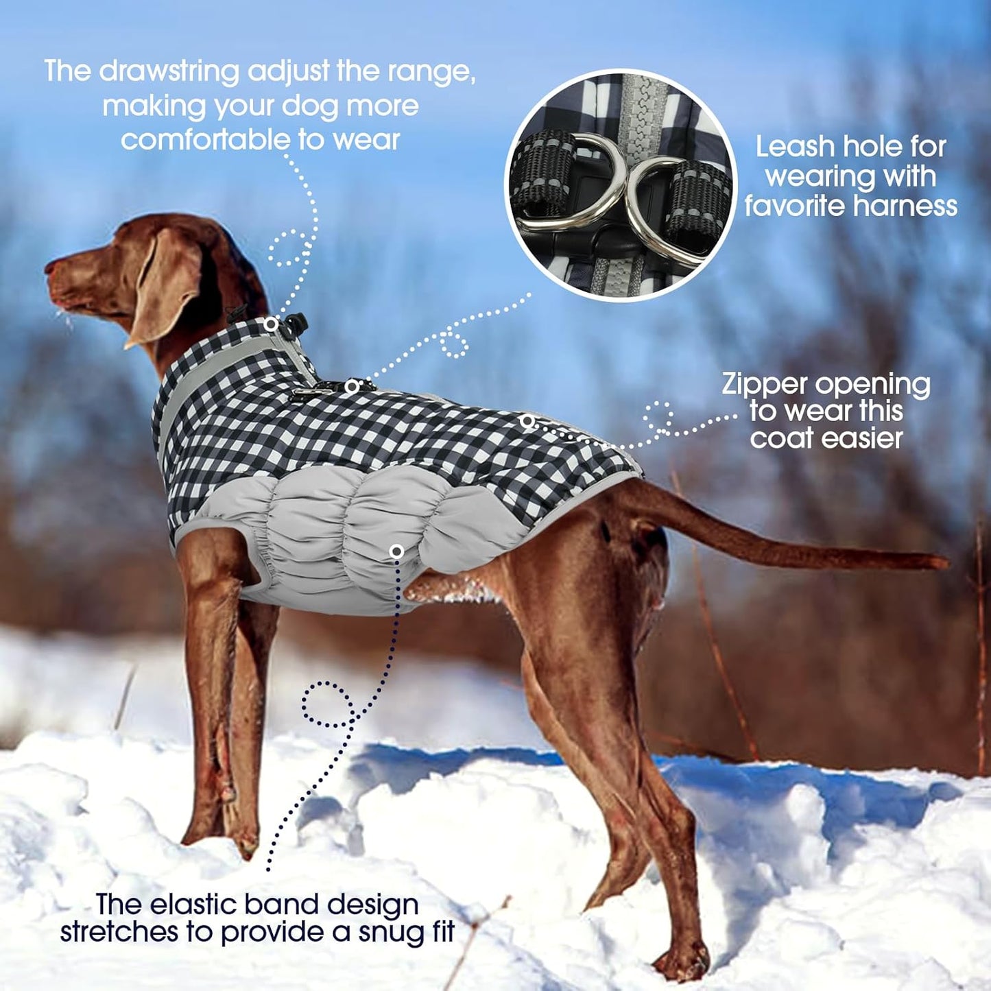 FUAMEY Dog Coat for Medium Dogs,Waterproof Dog Winter Jacket with Harness Built in Puppy Cold Weather Coats Reflective Pet Vest with Zipper Warm Fleece Dogs Snowsuit Windproof Checkerboard M