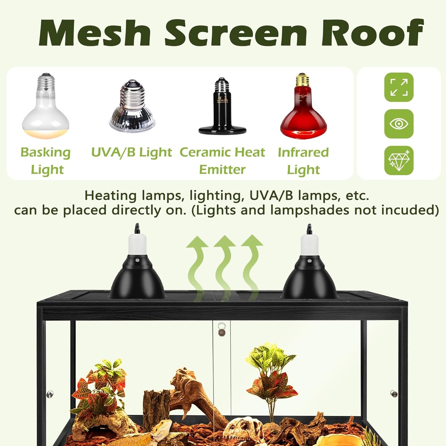 PROLEE Bearded Dragon Tank with Leg,Tempered Glass Lizard Tanks and Reptile Enclosure,Up to 78 Gallon Reptile Tank with Metal Mesh and Lockable Door for Snakes,Chameleon (Black, 60Gallons,40inch)