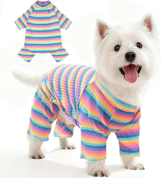 BAEJMJK Striped Dog Pajamas Stretchy Cute Four-Legged Boy Girl Dog Clothes with Sleeves Comfortable Dogs Jumpsuit Colorful Pet Puppy Outfits Apparel for Small Medium Dogs Cats(Pink,Pink,X-Small)