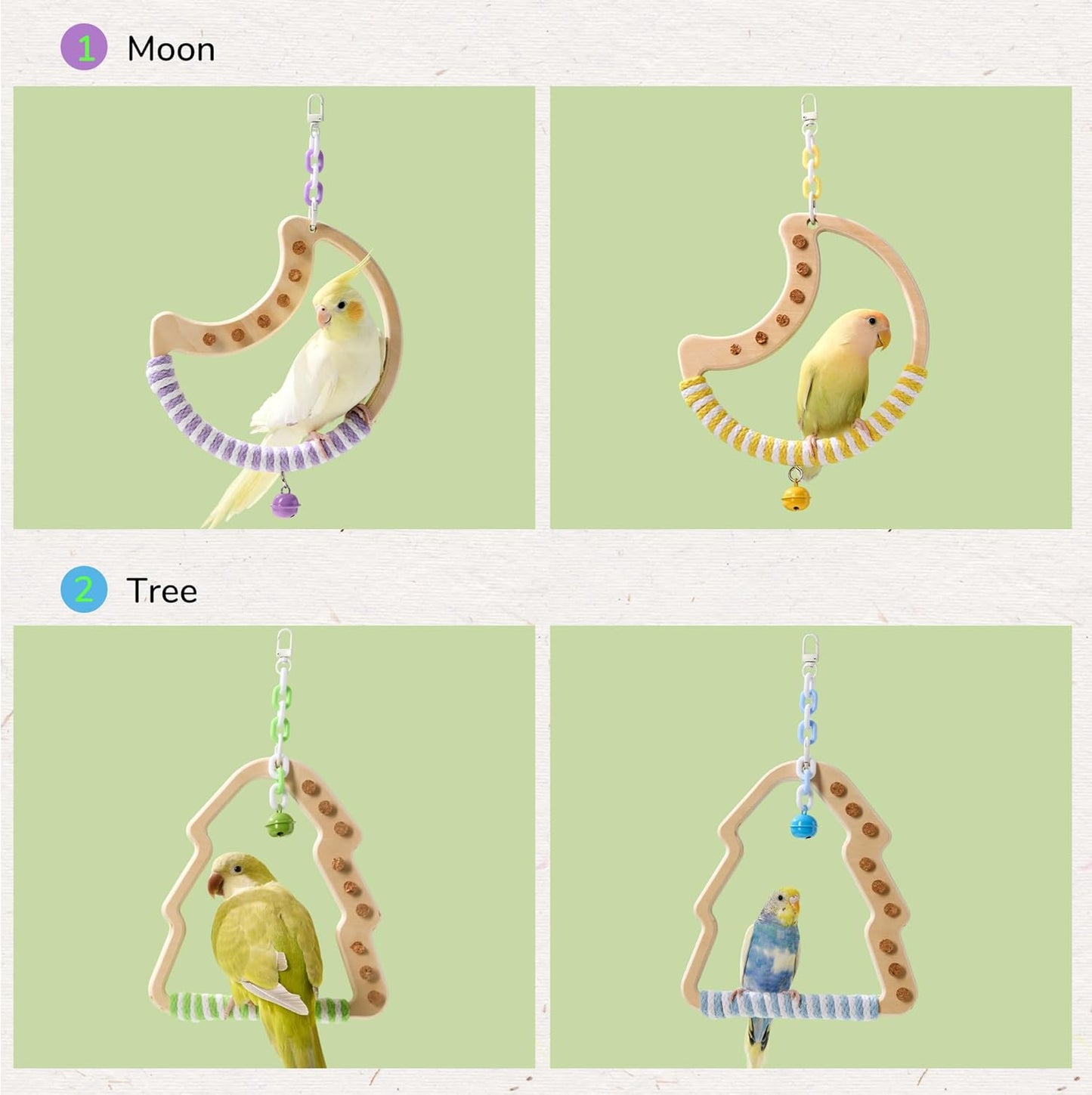 Natural Bird Swing - Moon-Shaped Parrot Perch with Bell and Cork Toys, Spinning Wooden Stand for Parakeets, Budgies, Lovebirds and Small/Medium Birds (White + Purple)