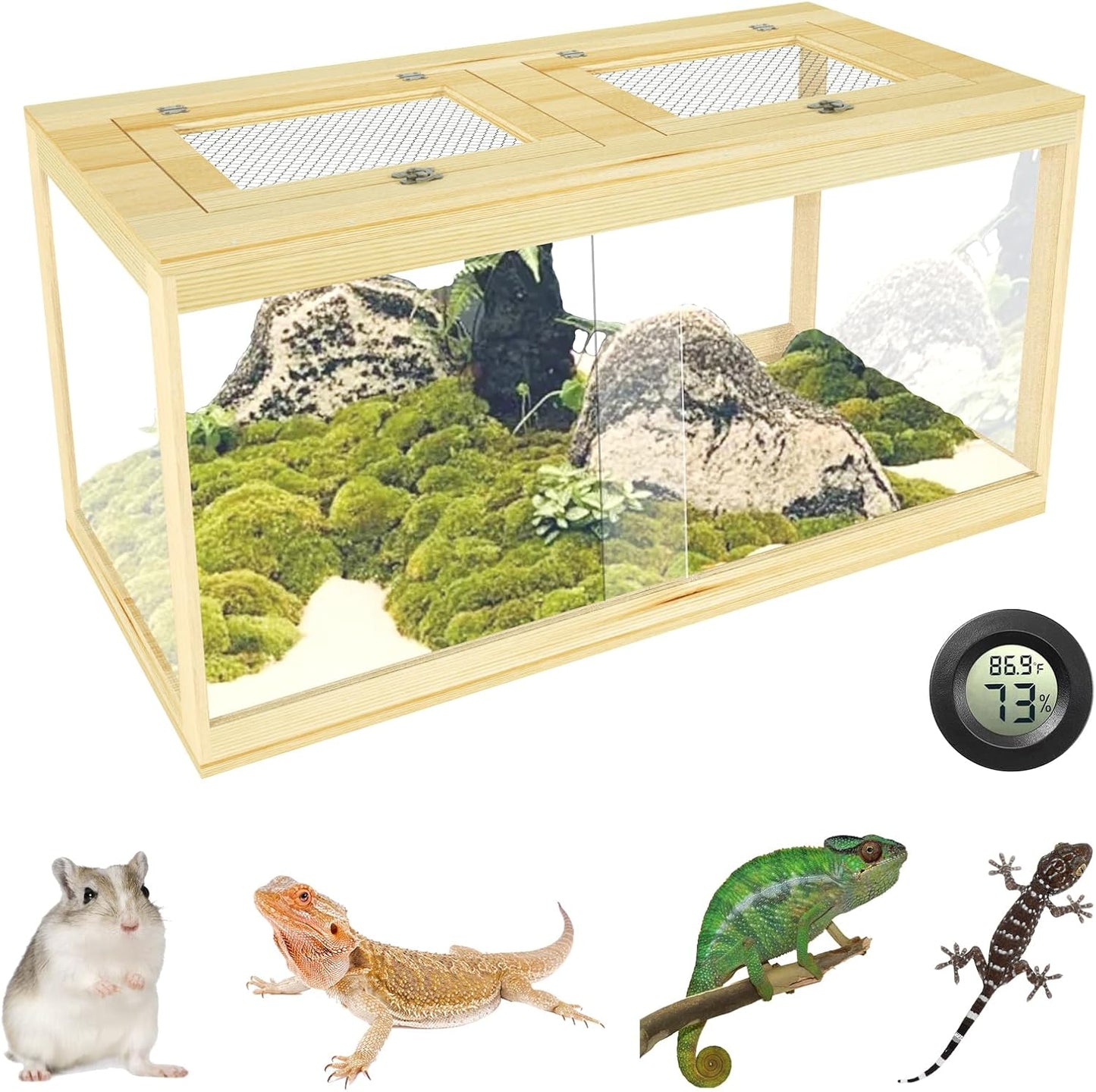 67 Gallon Reptile Tank - 40" Lockable Sliding Door Bearded Dragon & Snake Tank with Metal Mesh Roof, Front Opening Terrarium for Lizards, Leopard Gecko (Wood, 40" x 20" x 20")
