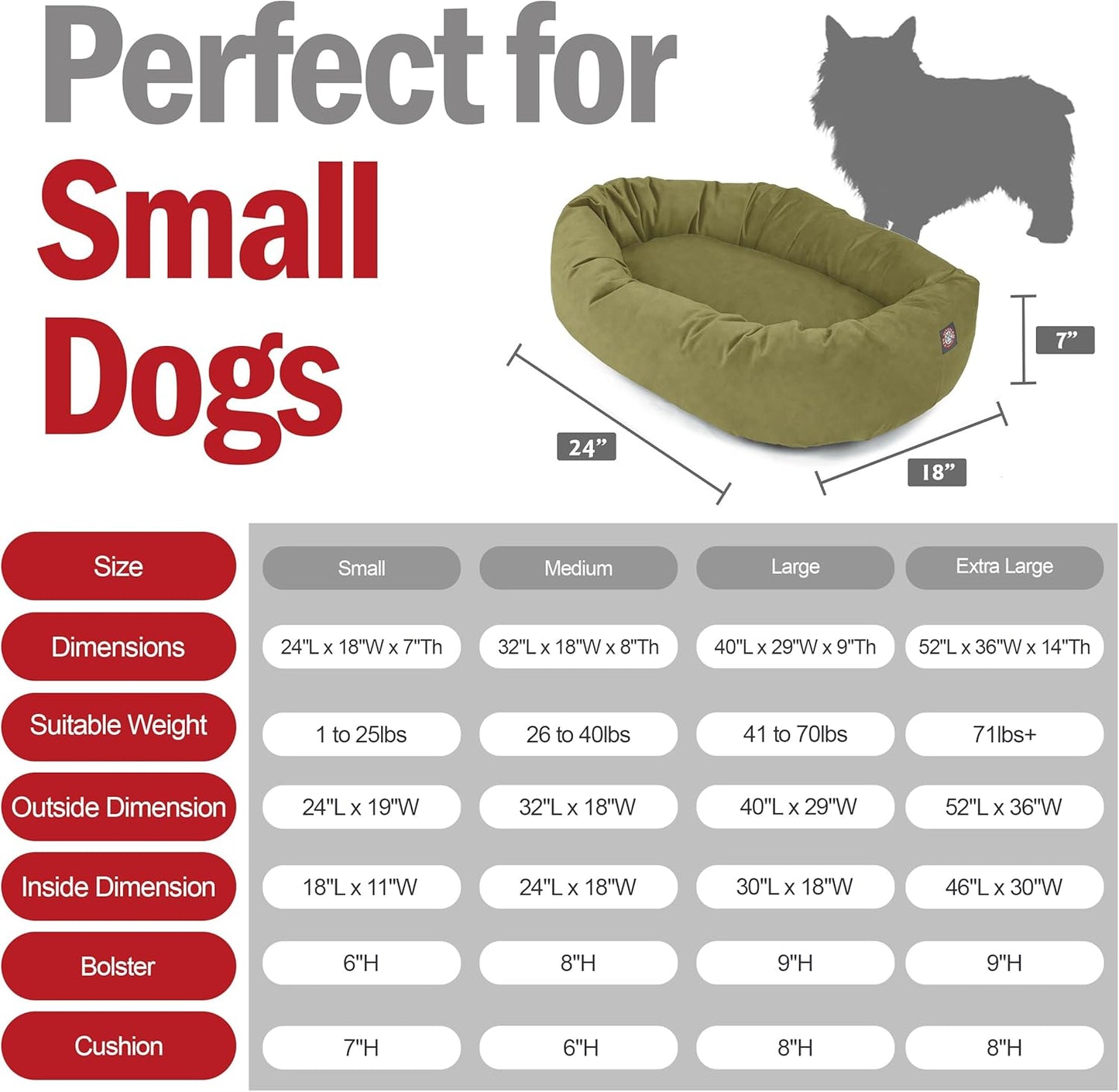 Majestic Pet 24 Inch Suede Shredded Memory Foam Mix Calming Small Dog Bed Washable 24 x 19 x 7 (Inch) - Cozy Soft Round Donut Dog Bed with Spine for Head Support - Pet Bed Sage