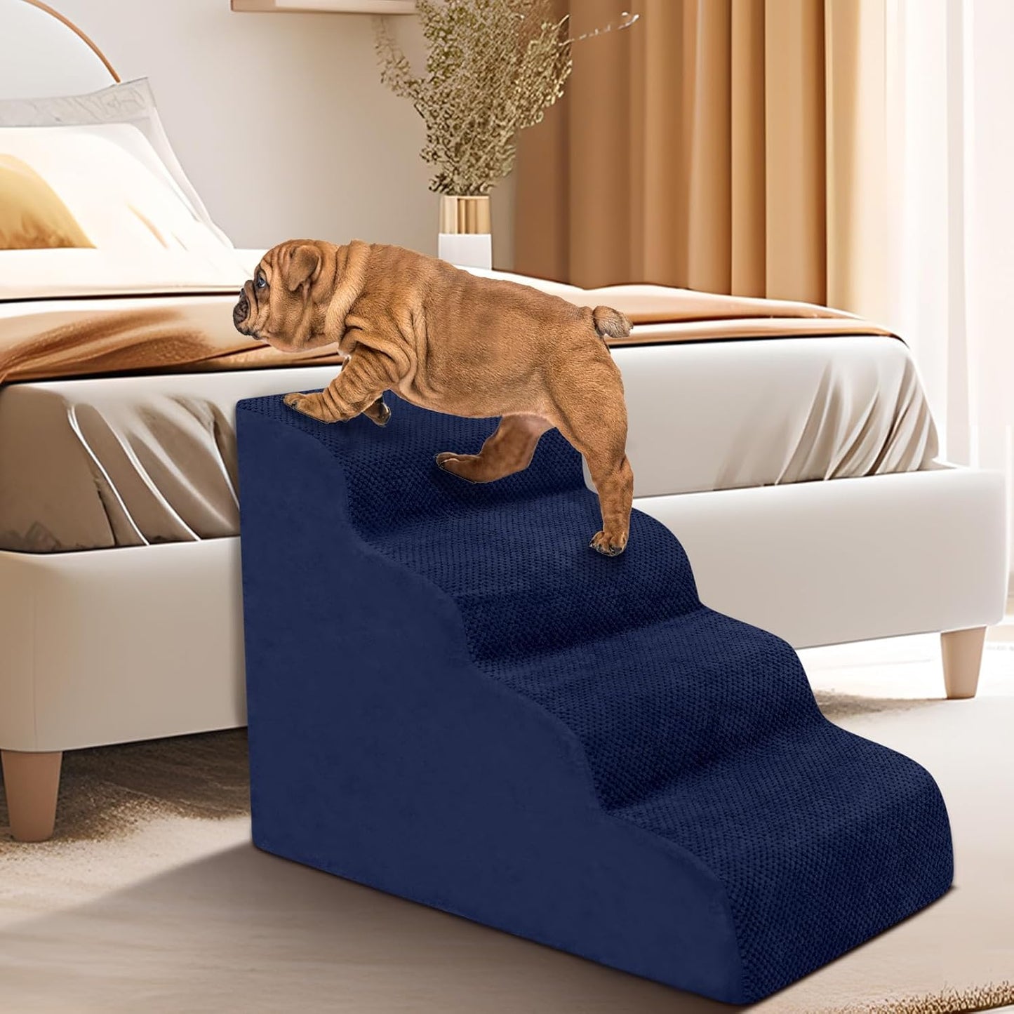 Dog Stairs for Small Dogs - High Density Foam Pet Steps, Extra Wide Dog Ramp with Non-Slip Bottom for High Beds, Couch and Sofa, Best for Dogs Injured, Older Doggy Cats, 4 Steps, Navy