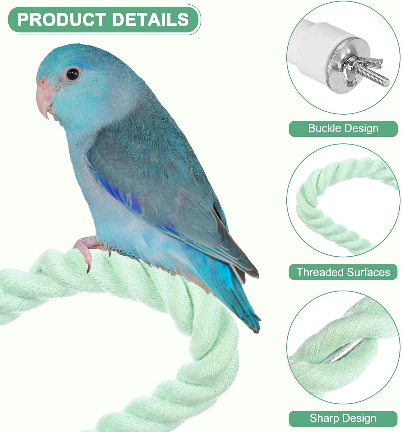1-Pack Rope Perches for Bird Cages, 31.5 in Length Comfort Grip Flexible Rope Perch Beak & Paw Grinding for Parrots/Cockatiels/Parakeets, Bird Platform Sand [Cyan]