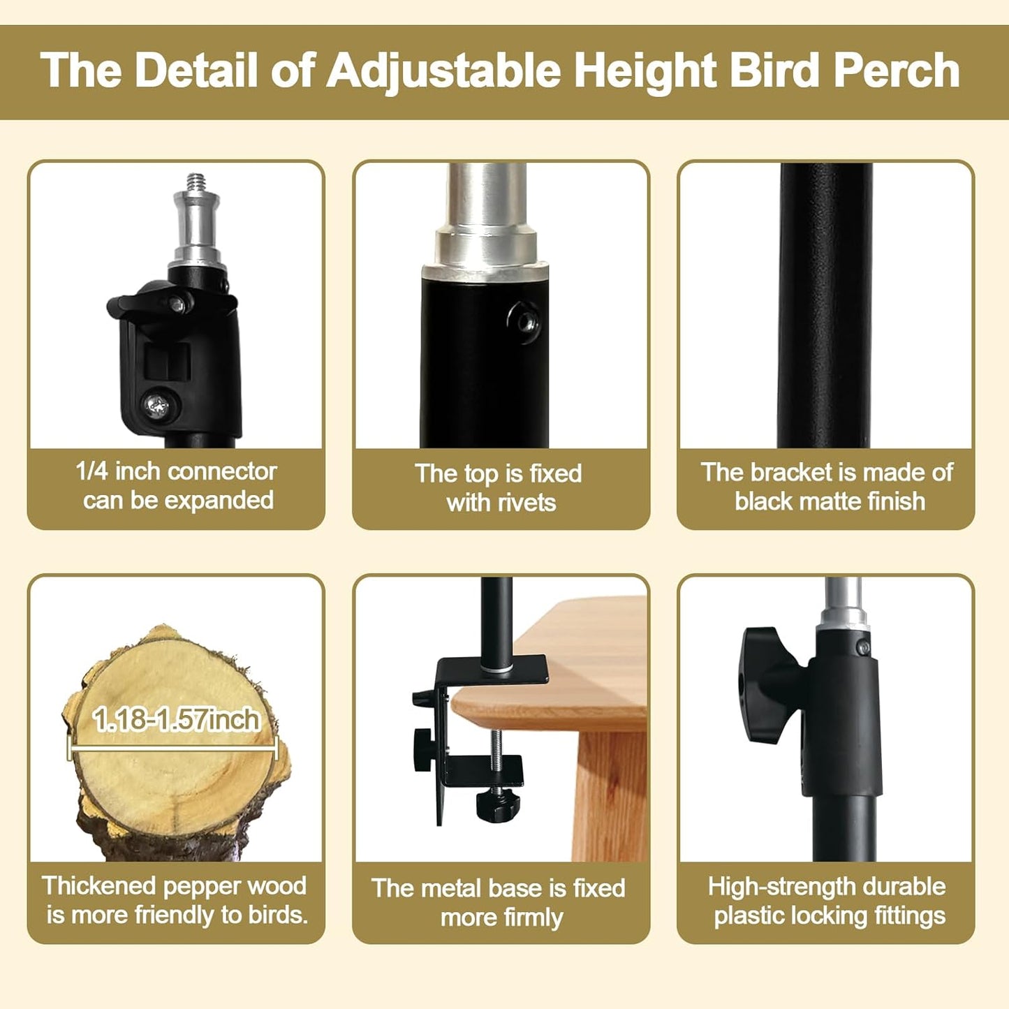 13-23 Inch Height Adjustable Desktop Bird Perch Pepper Wood Bird Training Perch Stand Parakeet Perches Indoor and Outdoor Parrot Stands for Small to Medium Bird