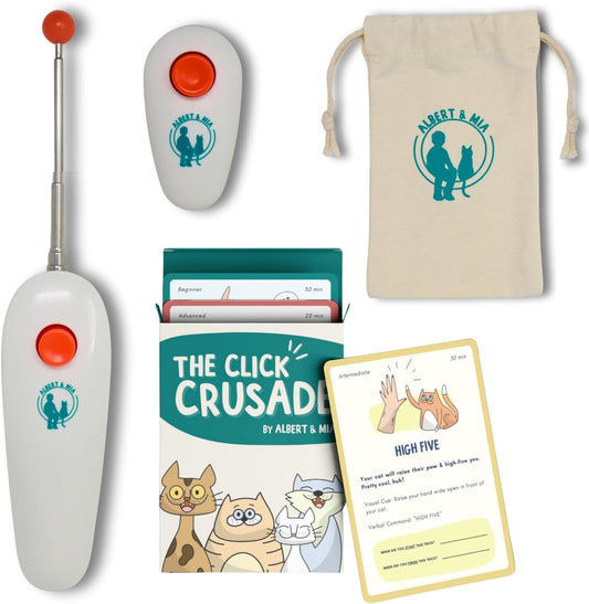 ALBERT & MIA Cat Clicker Training Kit + The Click Crusade Bundle (Cat Training Card Game Guide to Clicker Training for Cats for Teaching Tricks, Improving Communication and Bonding with Your Kitten