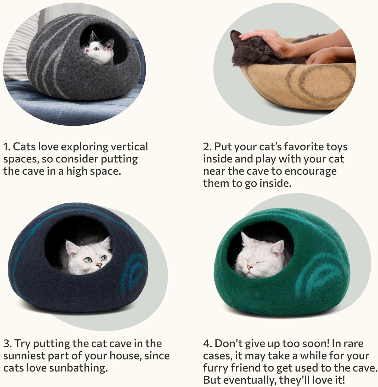 MEOWFIA Cat Cave – Premium Felt Cat Bed for Indoor Cats, Handmade 100% Merino Wool (Light Grey, Large)