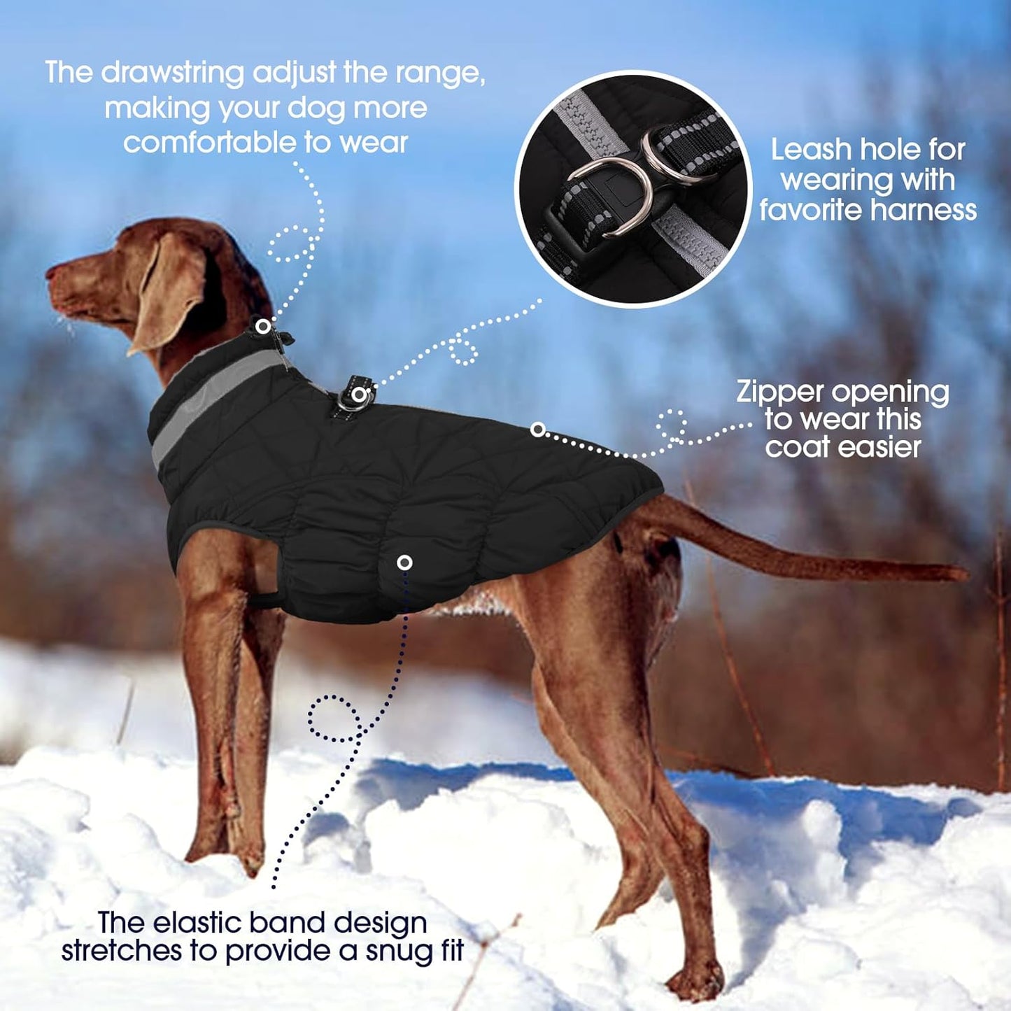 FUAMEY Dog Coat for Large Dogs,Waterproof Dog Winter Jacket with Harness Built in Puppy Cold Weather Coats Reflective Pet Vest with Zipper Warm Fleece Dogs Snowsuit Windproof Solid Black L