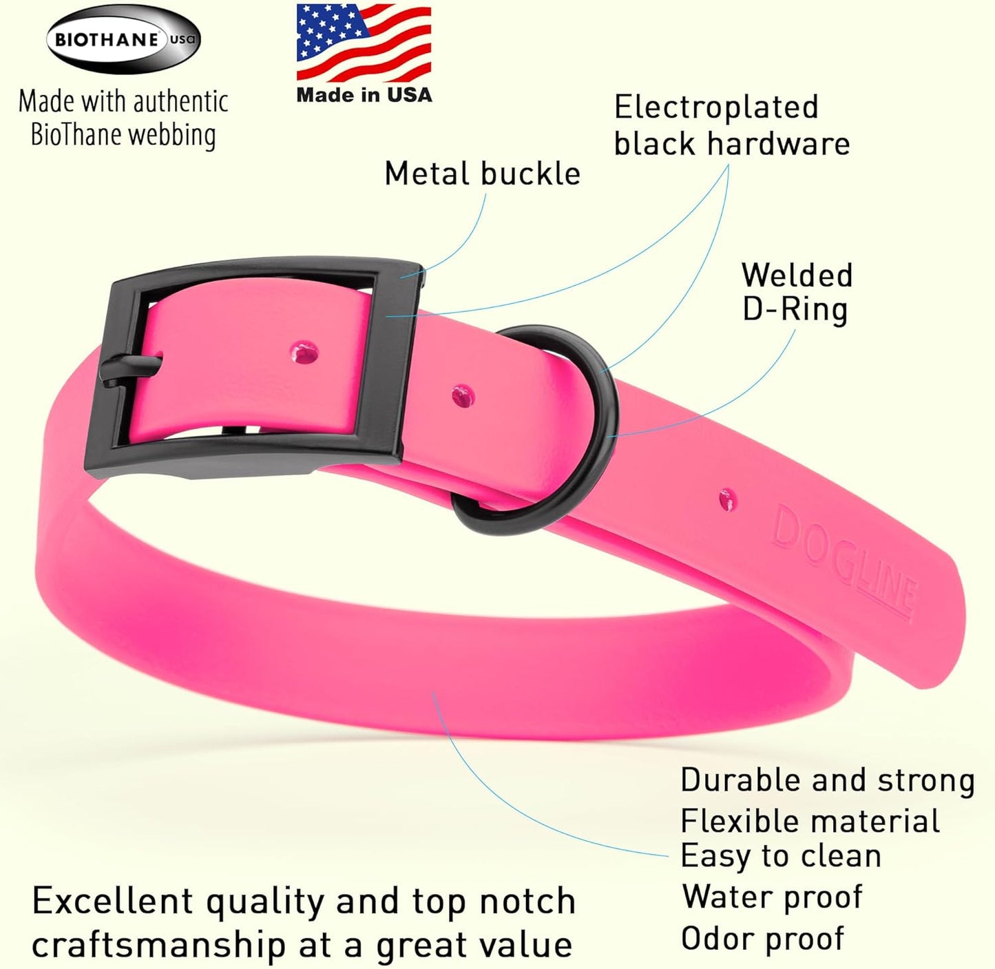 Dogline Biothane Waterproof Dog Collar Strong Coated Nylon Webbing with Black Hardware Odor- Proof for Easy Care Easy to Clean High Performance Fits Small Medium or Large Dogs, Passionfruit Pink