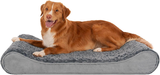 Furhaven Orthopedic Dog Bed for Large/Medium Dogs w/ Removable Washable Cover, For Dogs Up to 38 lbs - Ultra Plush Faux Fur & Suede Luxe Lounger Contour Mattress - Gray, Large