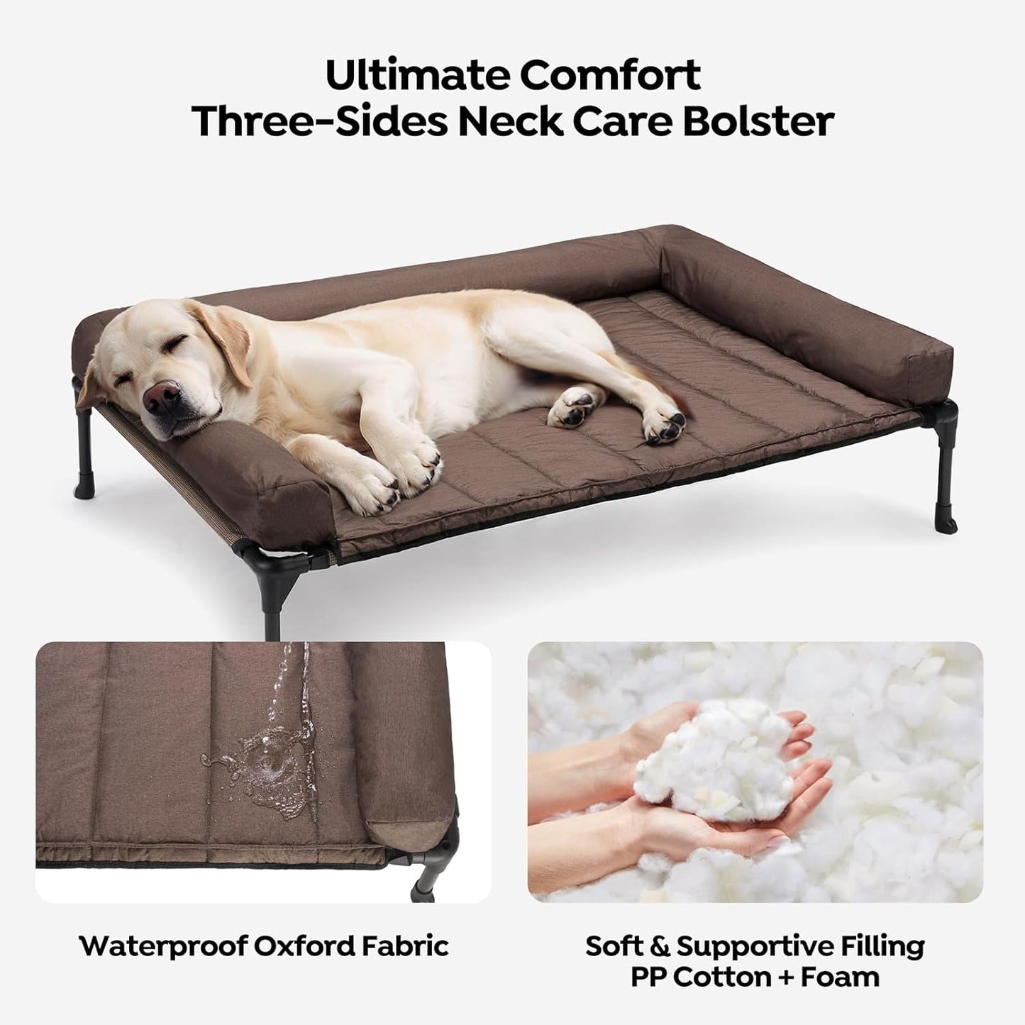 Veehoo Cooling Elevated Dog Bed Add Removable Waterproof Bolster Cushion Mat, Raised Pet Cot with Breathable Teslin Mesh, No-Slip Feet, Dog Couch Bed for Indoor Outdoor, Large, Brown CWC2331B