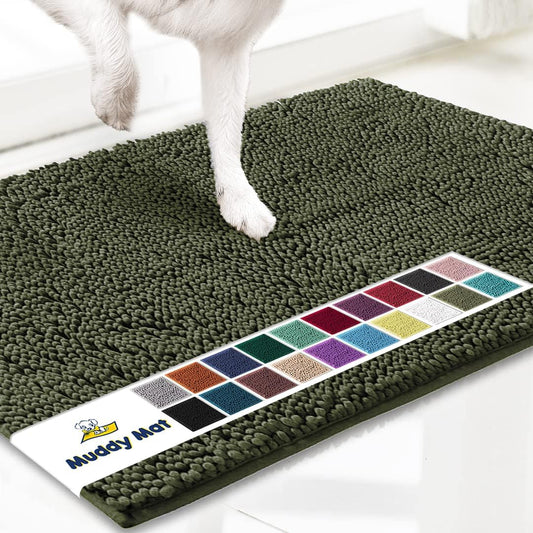 Muddy Mat® AS-SEEN-ON-TV Highly Absorbent Microfiber Door Mat and Pet Rug, Non Slip Thick Washable Area and Bath Mat Soft Chenille for Kitchen Bedroom Indoor and Outdoor - Army Green 24" x 120"