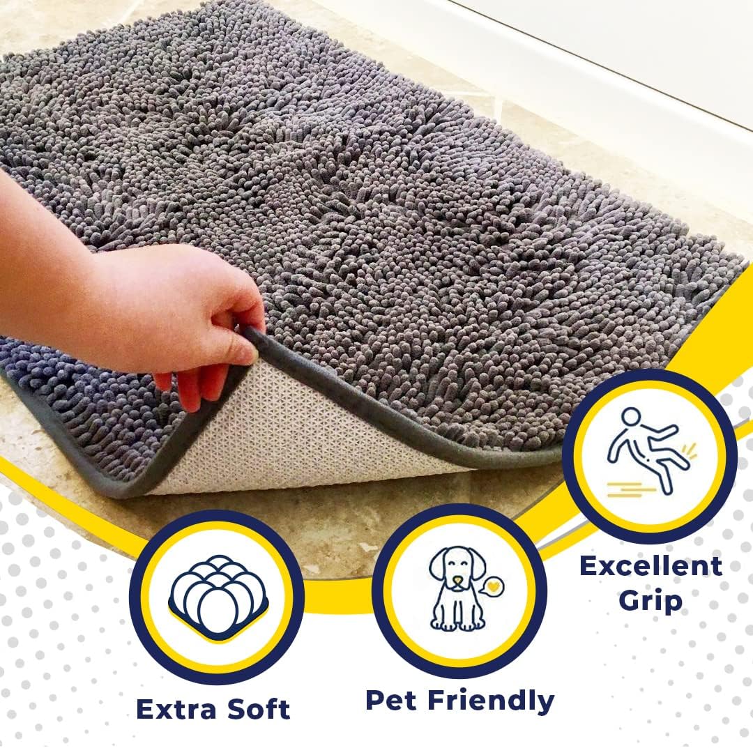 Muddy Mat® Shown on TV – Super Absorbent Microfiber Dog Door Mat for Muddy Paws, Non-Slip Washable Pet Rug, Quick Dry Chenille Entryway Carpet, Machine Washable Indoor Outdoor mat, Grey 59"x35"