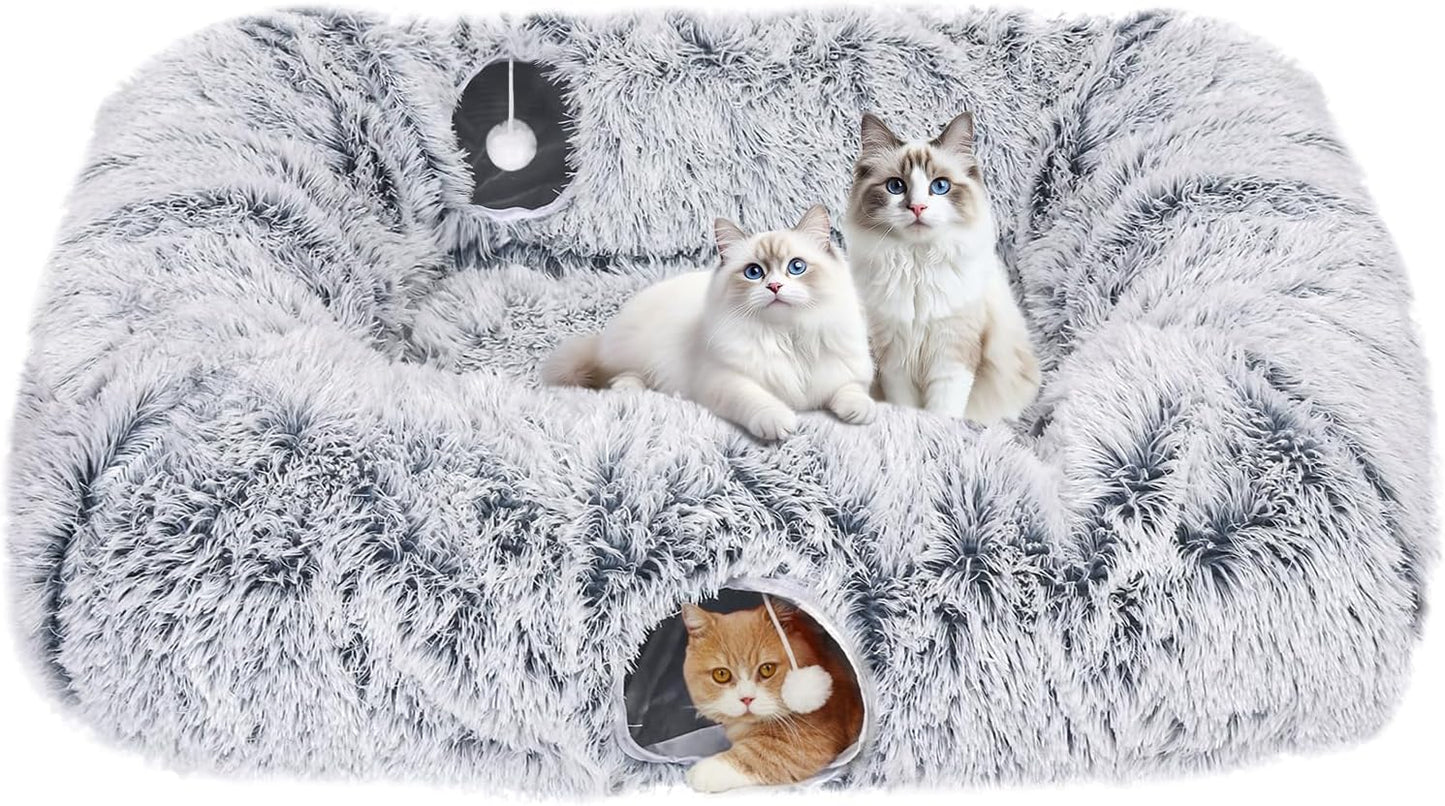 Extra Large Cat Tunnel Bed, 4 Ways Tunnels for Indoor Cats, Multi-cat Family Peekaboo Cave & Cat Bed, Plush Cat Donut with Washable Middle Mat, Exit Balls, Pet Play Toy for Kitten Puppy Rabbit