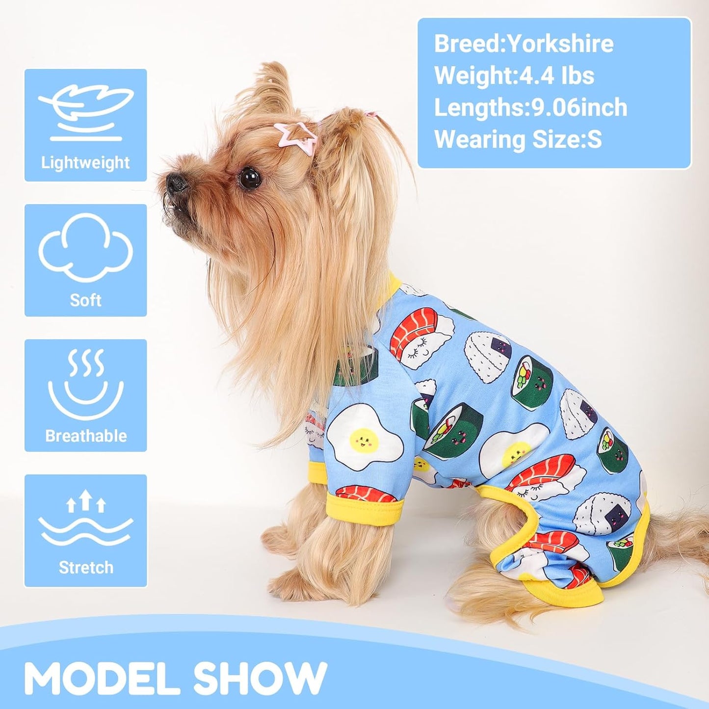 Dog Pajamas Small Sized Dogs Stretchable Summer Dog Clothes Pjs 4 Legs Girl Boy Cute Soft Puppy Outfits Doggie Cat Jammies Jumpsuit Sleeper for Pet (Bread, Large)