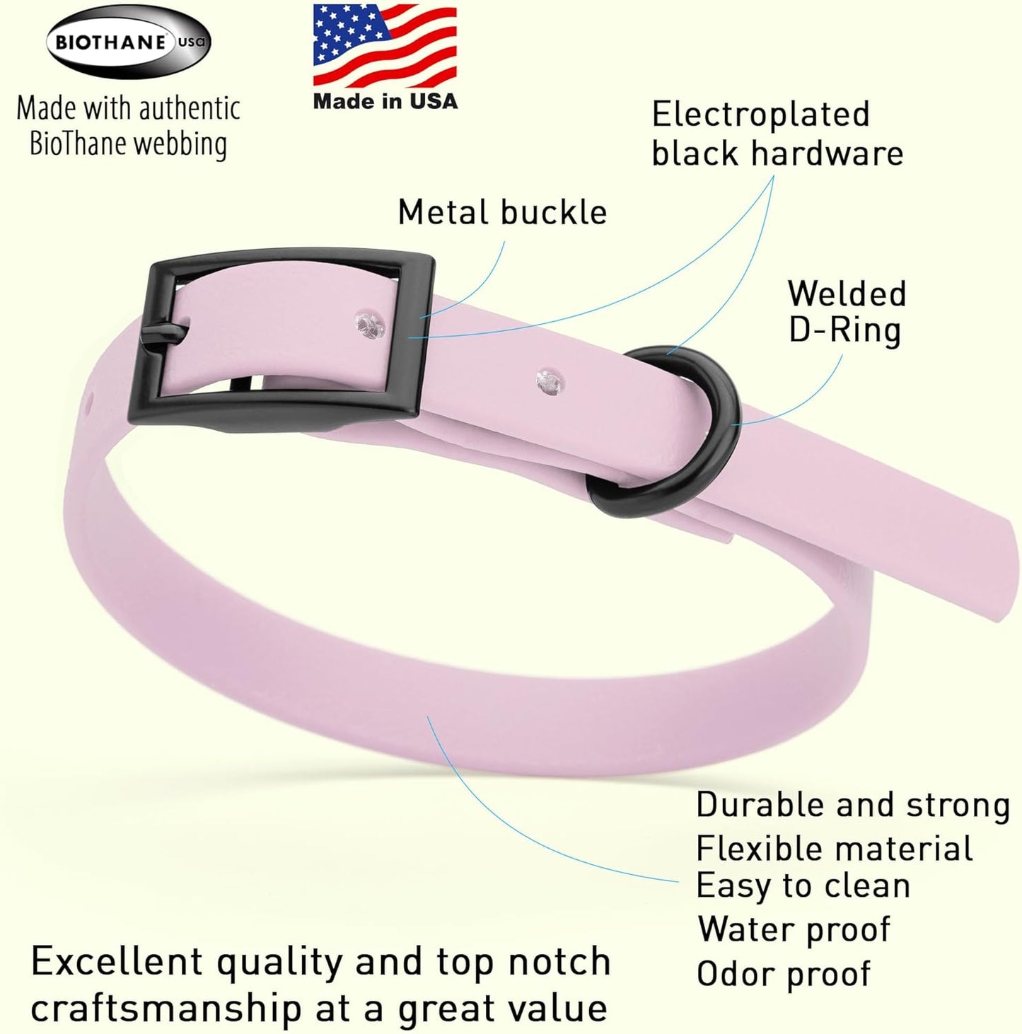 Dogline Biothane Waterproof Dog Collar Strong Coated Nylon Webbing with Black Hardware Odor- Proof for Easy Care Easy to Clean High Performance Fits Small Medium or Large Dogs, Pastel Purple