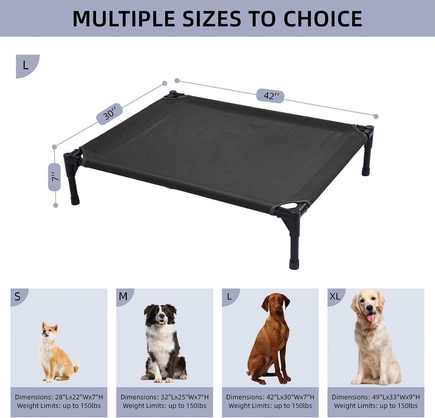 pettycare Elevated Outdoor Dog Bed - Raised Cot for Large Dogs, Heavy Duty Pet Cots Waterproof, Cooling, Washable Breathable Teslin Mesh, Durable, Non Slip, 42 Inch, Black