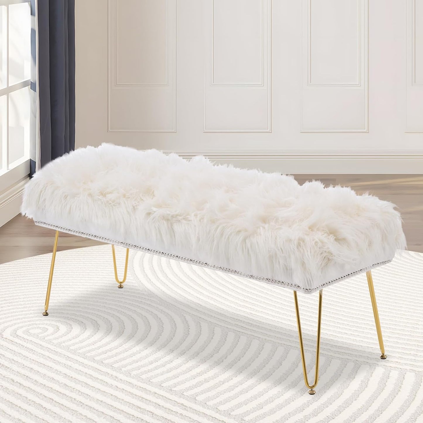 46 Inch White Bedroom Bench, Benches for Bedroom White Faux Fur Upholstered Bed end Bench, Tufting Ottoman Bench Indoor Bench with Metal Legs for Living Room Bedroom Entryway, White