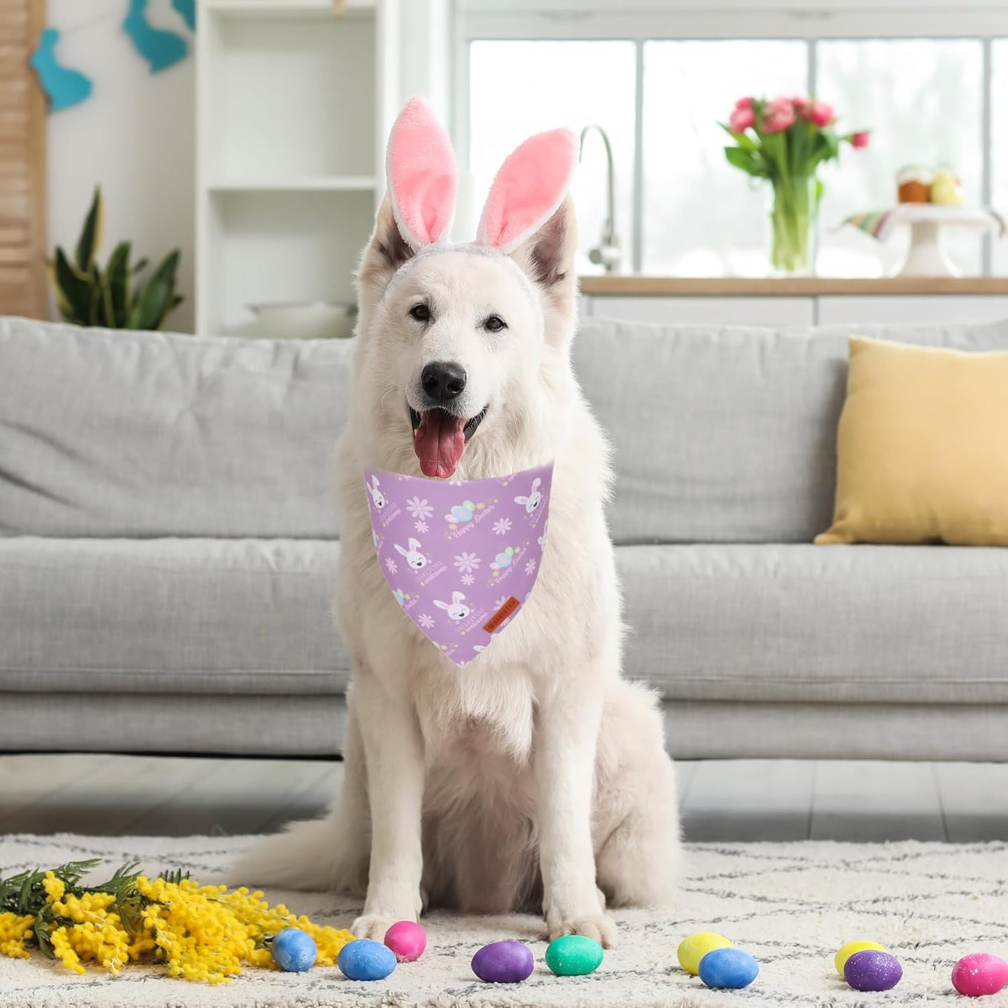 ADOGGYGO Easter Dog Bandanas, Reversible Bunny Floral Pet Scarf, Multi Size Offered, Rabbit Easter Bandana for Large and Extra Large Dogs Pets (X-Large)
