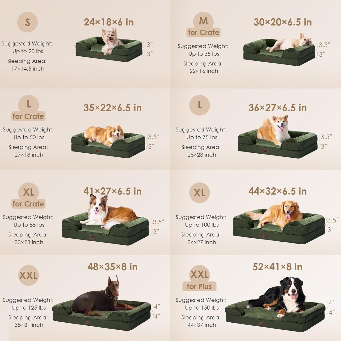 EHEYCIGA Orthopedic Dog Beds for Extra Large Dogs, Waterproof Memory Foam XXL Dog Bed with Sides, Non-Slip Bottom and Egg-Crate Foam Big Pet Couch Bed with Washable Removable Cover, Dark Green