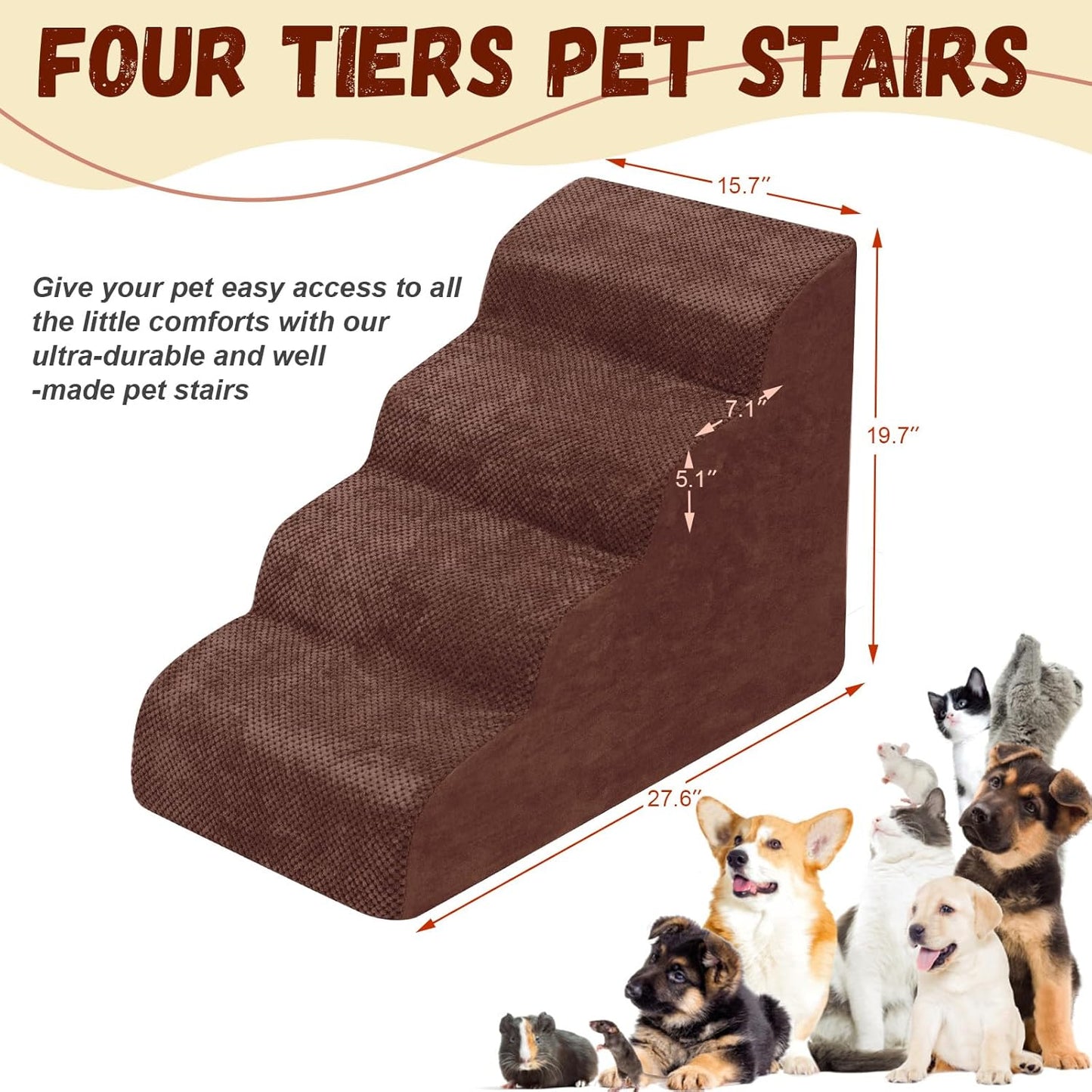 Dog Stairs for Small Dogs - High Density Foam Pet Steps, Extra Wide Dog Ramp with Non-Slip Bottom for High Beds, Couch and Sofa, Best for Dogs Injured, Older Doggy Cats,4 Steps, Brown