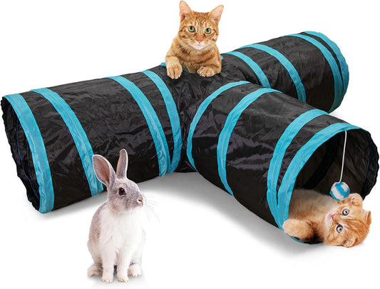 Cat Tunnel, 3 Way Cat Tunnels for Indoor Cats, Foldable Cat Tubes and Tunnels for Cats Kittens, Kitty Bored Peek Hole Toy Ball Cat, Puppy, Kitty, Kitten, Rabbit, Guinea Pigs (Blue & Black)