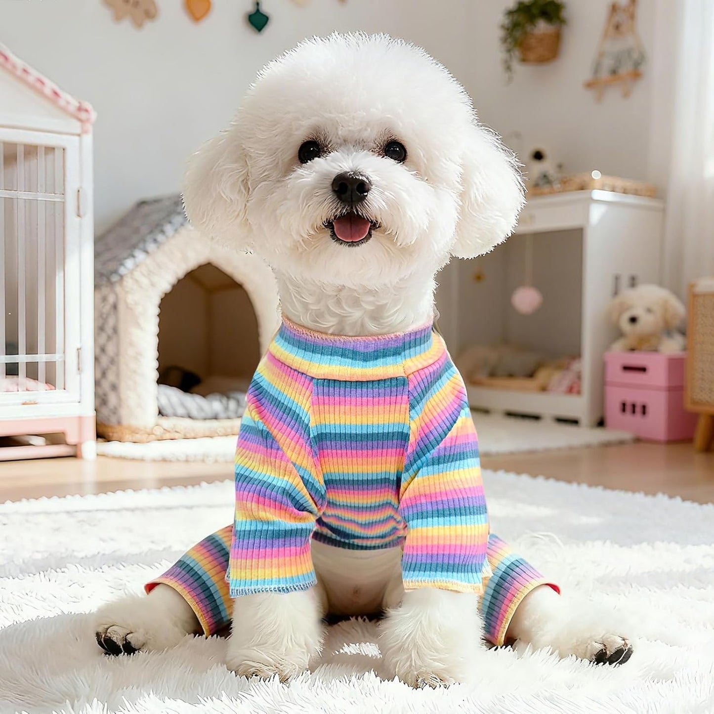 BAEJMJK Striped Dog Pajamas Stretchy Cute Four-Legged Boy Girl Dog Clothes with Sleeves Comfortable Dogs Jumpsuit Colorful Pet Puppy Outfits Apparel for Small Medium Dogs Cats(Pink,Pink,Small)