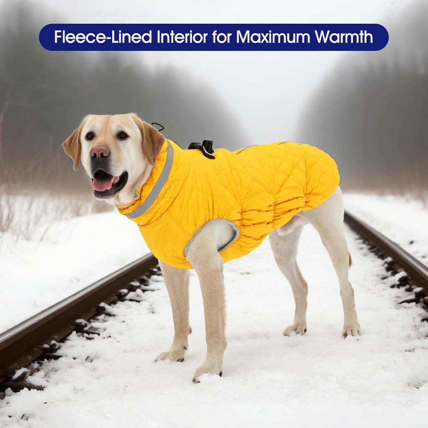 FUAMEY Dog Coat for Large Dogs,Waterproof Dog Winter Jacket with Harness Built in Puppy Cold Weather Coats Reflective Pet Vest with Zipper Warm Fleece Dogs Snowsuit Windproof Yellow 2XL