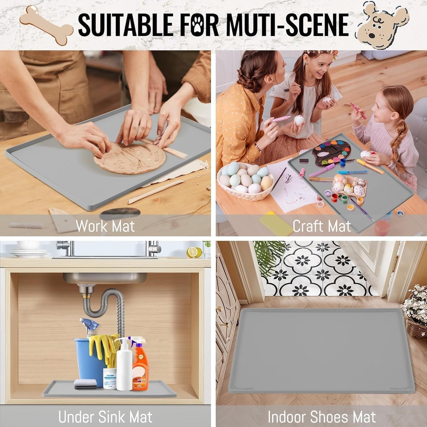 MateeyLife Dog & Cat Food Mat for Floors Waterproof, Nonslip Bowl Mats for Food and Water, Dog Feeding Mats with Raised Edges, Silicone Dog Water Matt Tray for Messy Drinkers, 18"x12", Grey