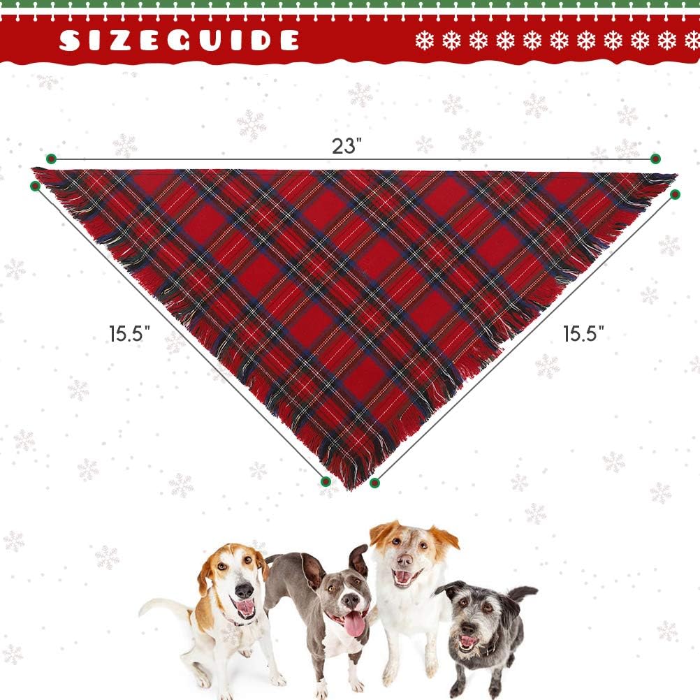 KOOLTAIL Christmas Plaid Dog Bandana 4 Pack - Classic Triangle Scarf Tassels Style Holiday for Dogs Cats Puppy