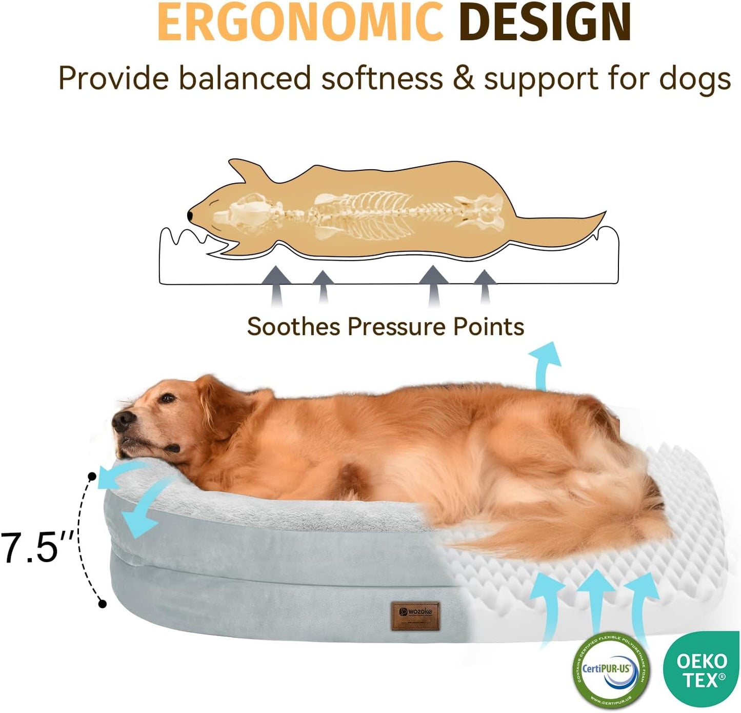 Orthopedic Waterproof Large Dog Bed: Memory Foam Washable Dog Bed with Bolsters - XXL Orthopedic Removable Cover for Medium Large Sized Pet - Non-Slip Bottom - Silver