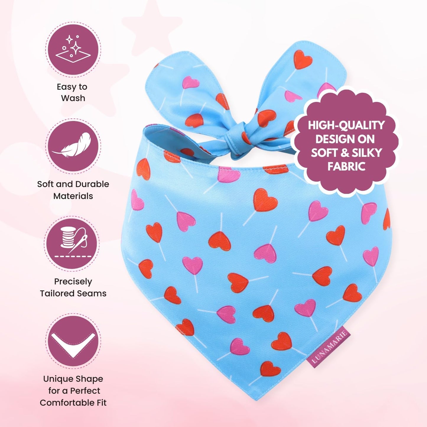 LunaMarie - Luxury Pet Birthday Bandanas -Premium & Silky Poly Fabric | 100% Handmade | Custom Shape Dual Layered (LoviePop, X-Small)