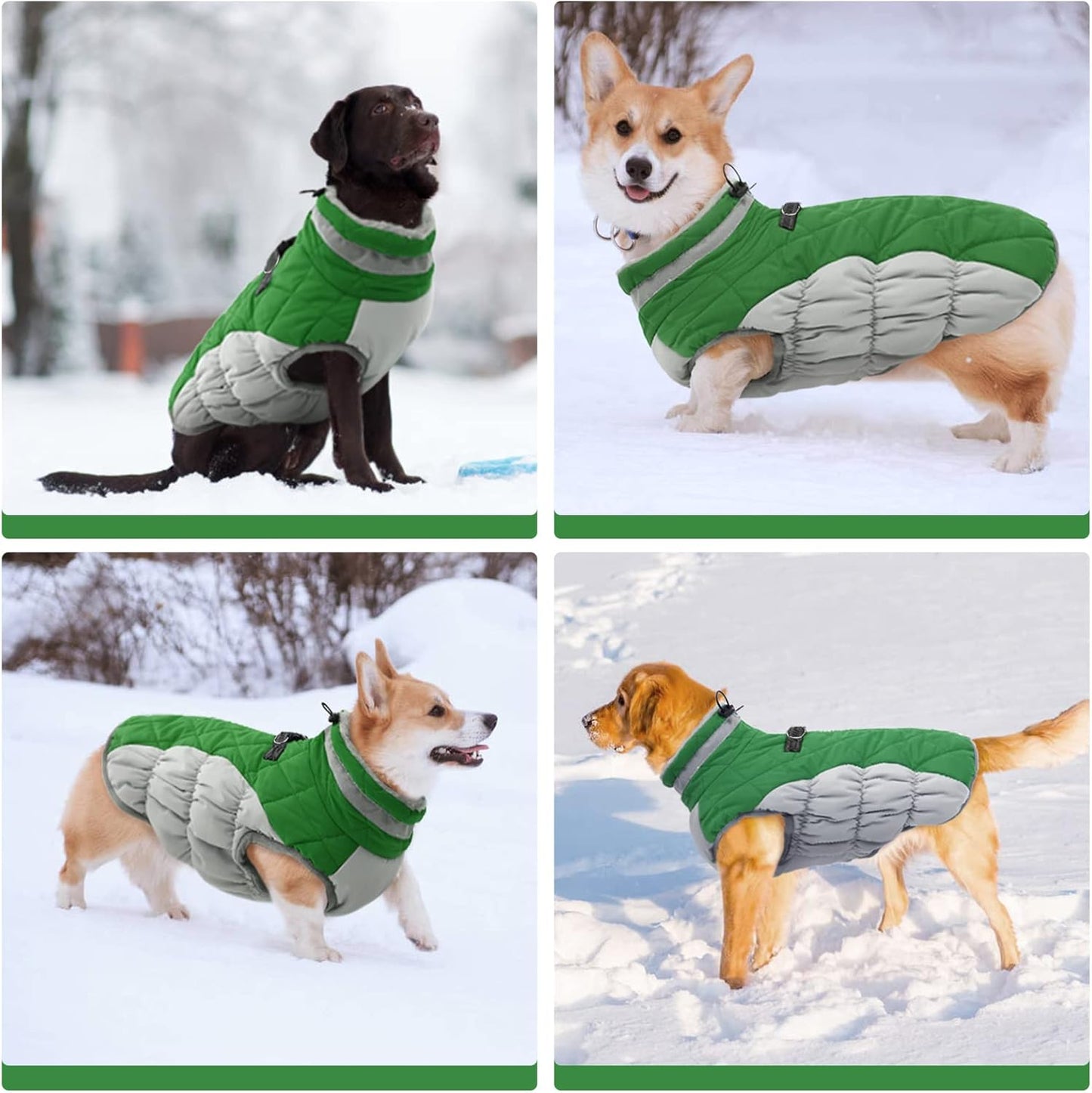 FUAMEY Dog Coat for Large Dogs,Waterproof Dog Winter Jacket with Harness Built in Puppy Cold Weather Coats Reflective Pet Vest with Zipper Warm Fleece Dogs Snowsuit Windproof Green XL