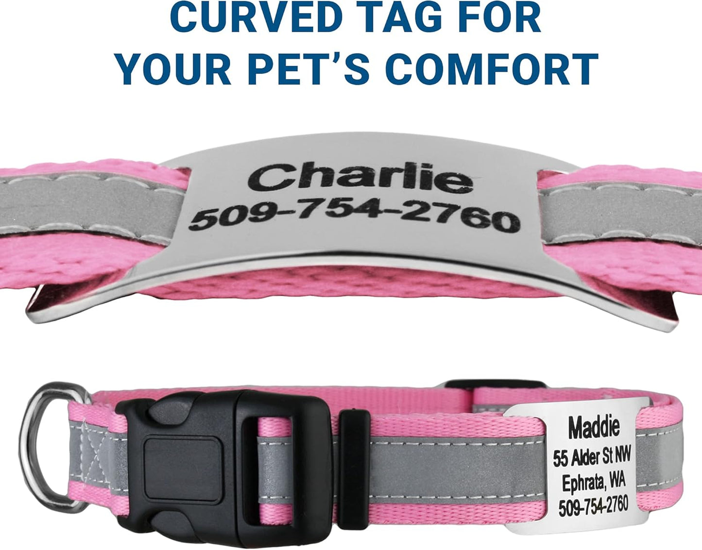 GoTags Reflective Personalized Dog Collar with Nameplate, Adjustable Dog Collar with Custom Engraved Steel Slide On Pet ID Tag, Silent, No Noise Dog Tag for Large Medium or Small (Pink, Medium)