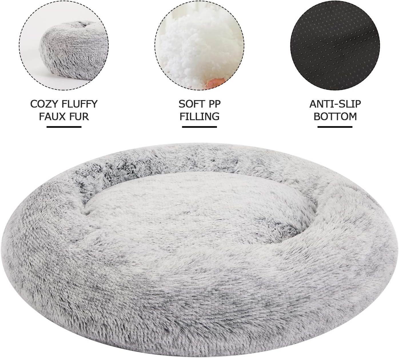 Bedfolks Calming Donut Dog Bed for Small Dogs & Cats, 23 Inches Round, Machine Washable, Anti-Anxiety Plush Bed (Dark Grey, Small)